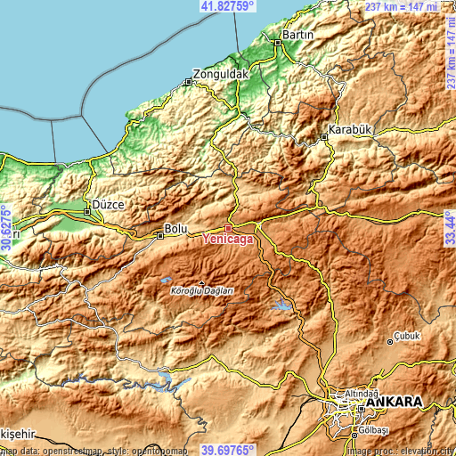 Topographic map of Yeniçağa