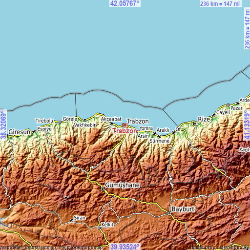 Topographic map of Trabzon