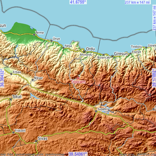 Topographic map of Topçam