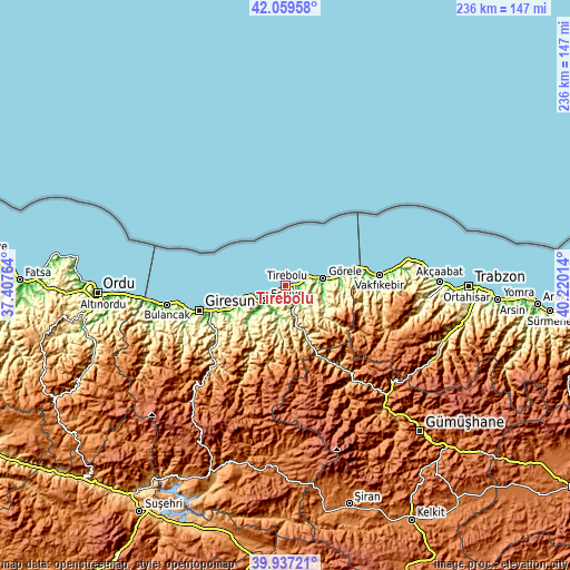 Topographic map of Tirebolu