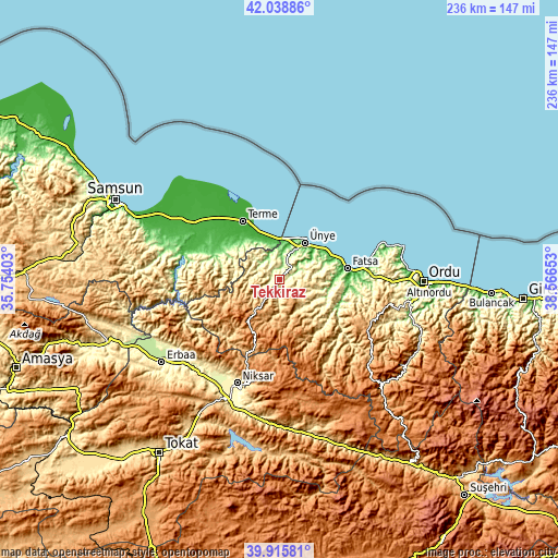 Topographic map of Tekkiraz