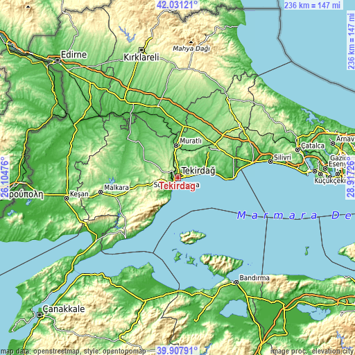 Topographic map of Tekirdağ