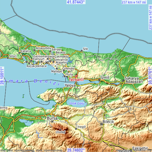 Topographic map of Tavşanlı