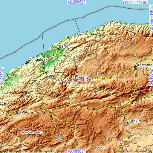 Topographic map of Safranbolu
