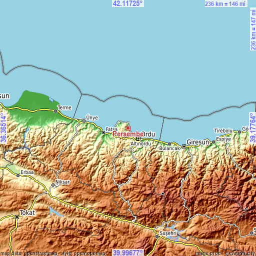 Topographic map of Perşembe