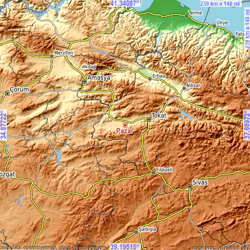 Topographic map of Pazar