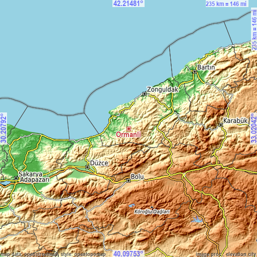 Topographic map of Ormanlı