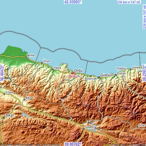 Topographic map of Ordu
