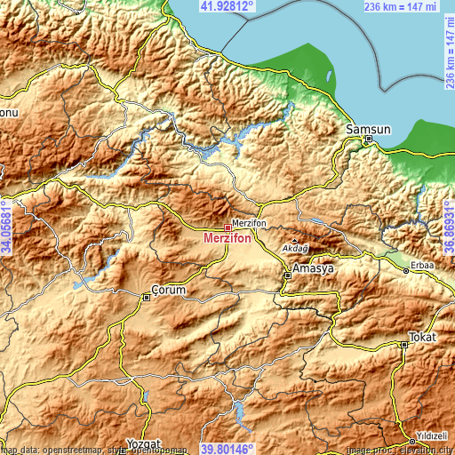 Topographic map of Merzifon