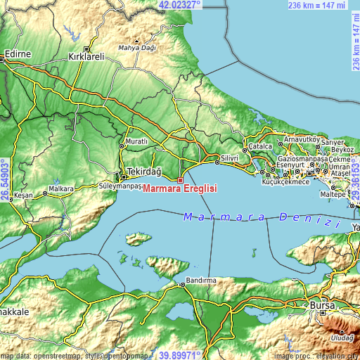 Topographic map of Marmara Ereğlisi