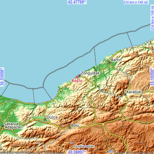 Topographic map of Kozlu