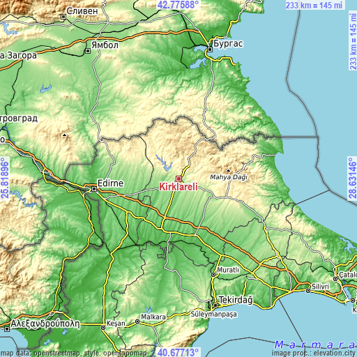 Topographic map of Kırklareli