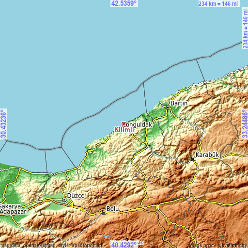 Topographic map of Kilimli