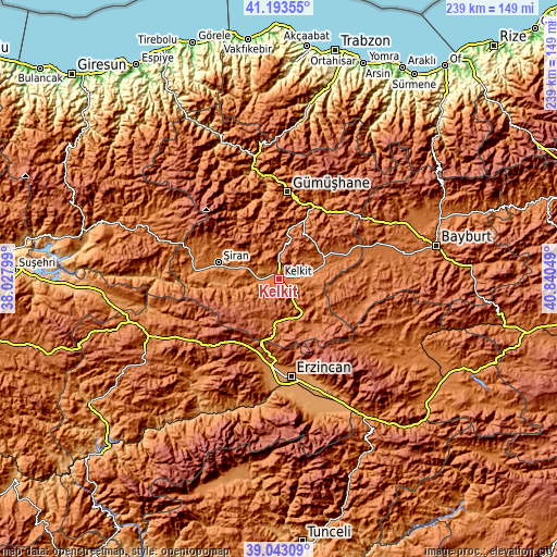 Topographic map of Kelkit