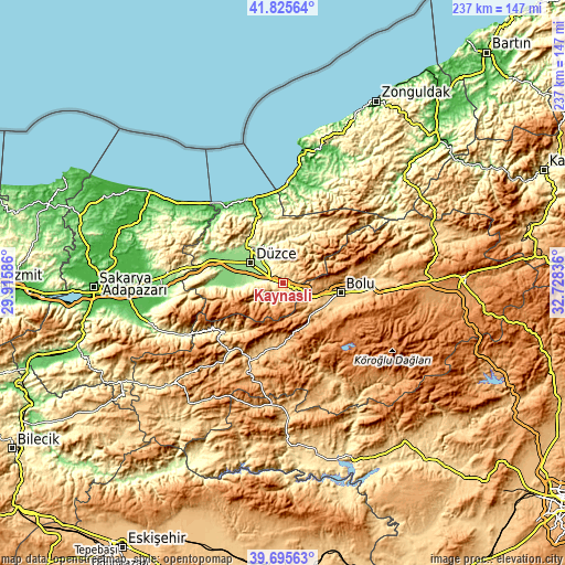 Topographic map of Kaynaşlı