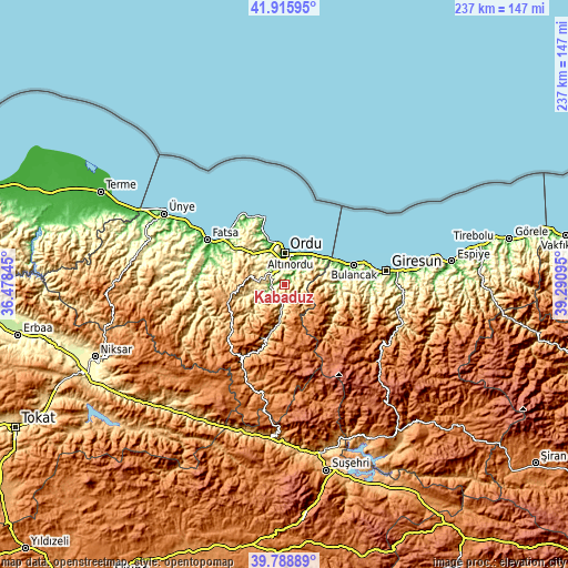 Topographic map of Kabadüz