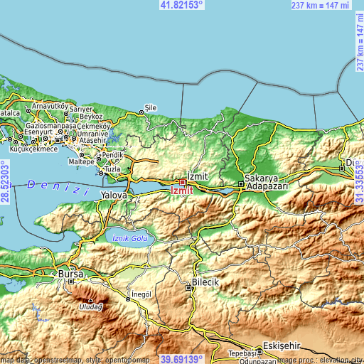 Topographic map of İzmit