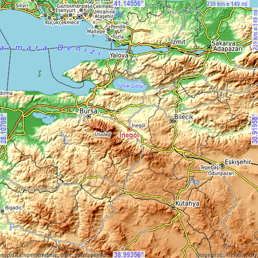 Topographic map of İnegol