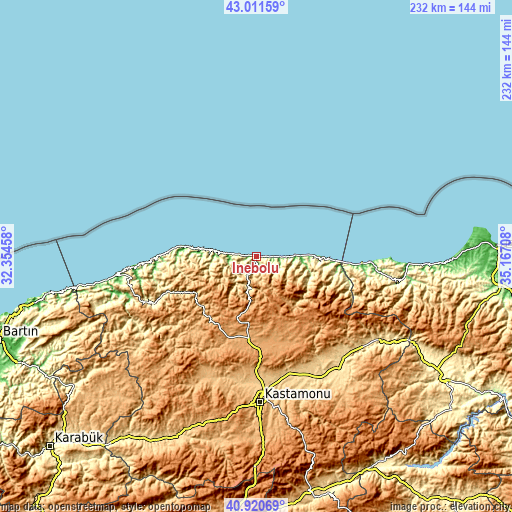 Topographic map of İnebolu