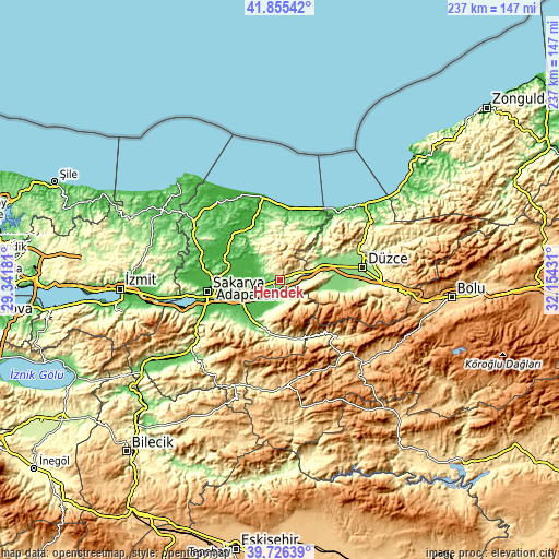 Topographic map of Hendek