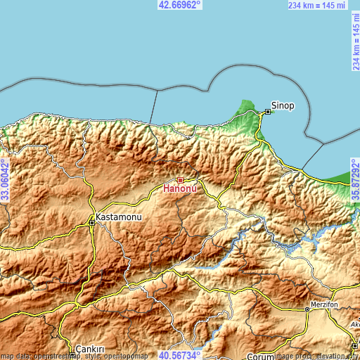 Topographic map of Hanönü