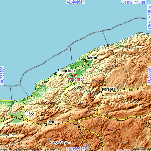 Topographic map of Perşembe