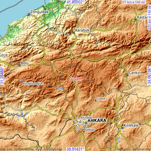 Topographic map of Güvem