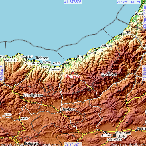 Topographic map of Güneyce