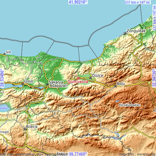 Topographic map of Gümüşova