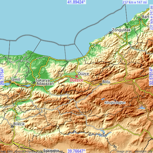 Topographic map of Düzce
