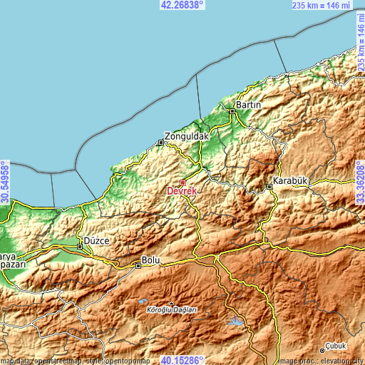 Topographic map of Devrek