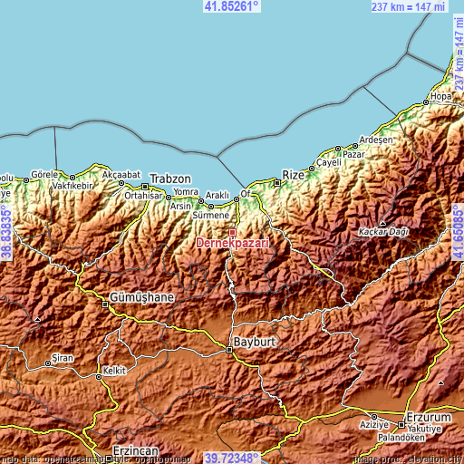 Topographic map of Dernekpazarı