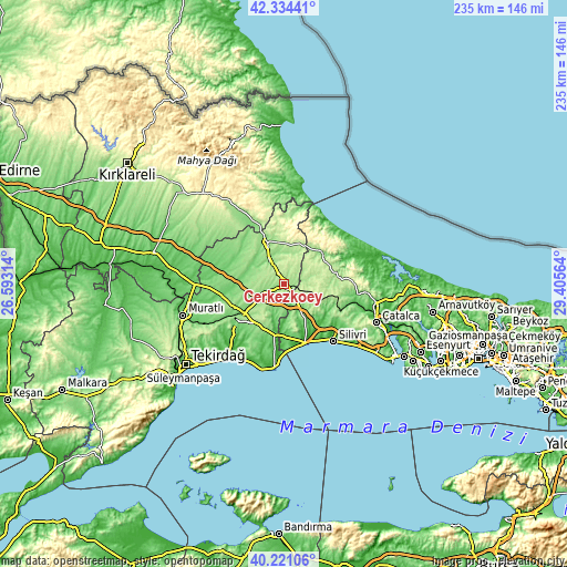 Topographic map of Çerkezköy