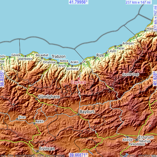 Topographic map of Çaykara