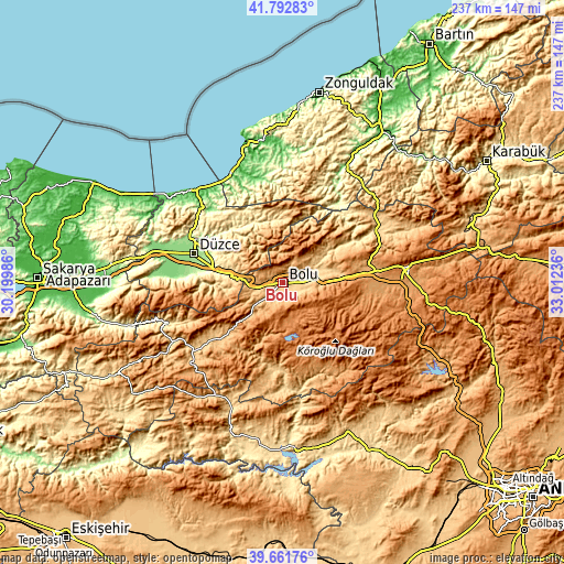 Topographic map of Bolu