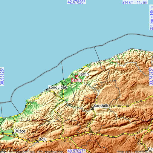 Topographic map of Bartın