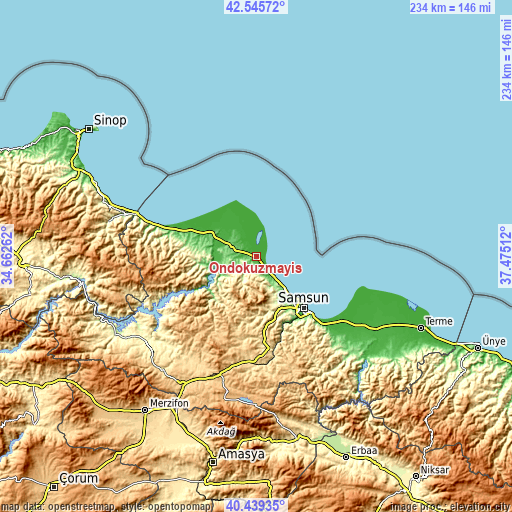 Topographic map of Ondokuzmayıs