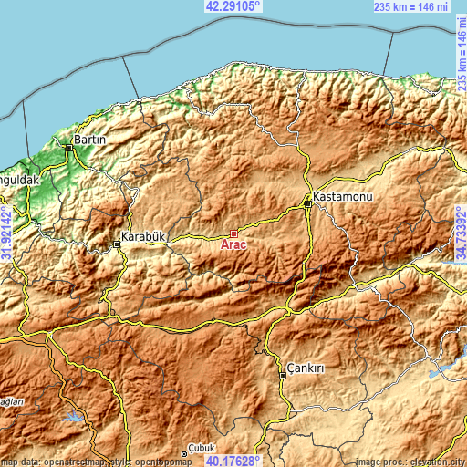 Topographic map of Araç