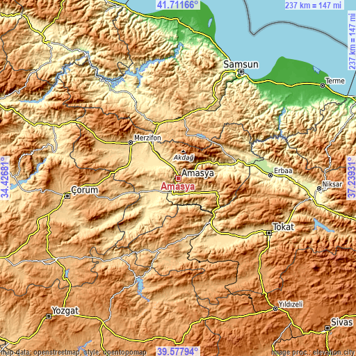 Topographic map of Amasya