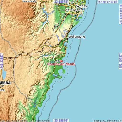 Topographic map of Shoalhaven Heads