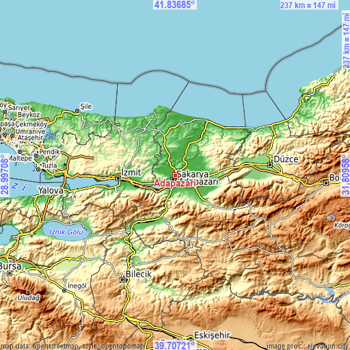 Topographic map of Adapazarı