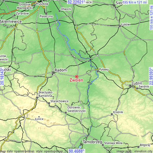 Topographic map of Zwoleń