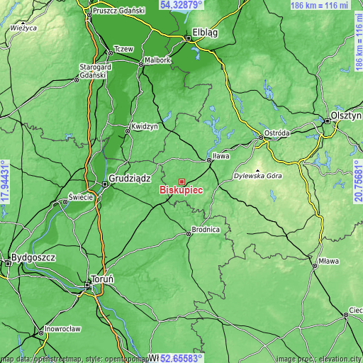 Topographic map of Biskupiec