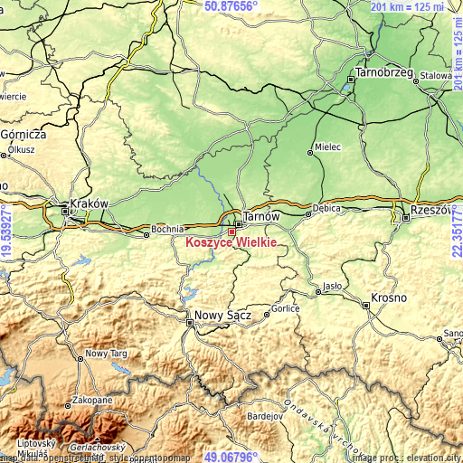 Topographic map of Koszyce Wielkie