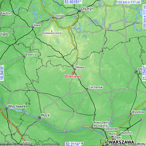 Topographic map of Wiśniewo