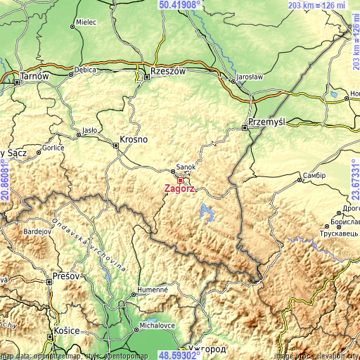 Topographic map of Zagórz