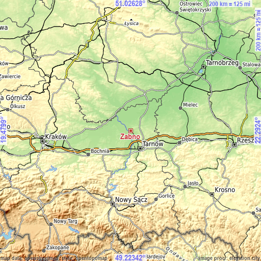 Topographic map of Żabno