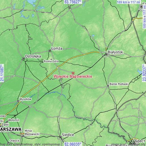 Topographic map of Wysokie Mazowieckie