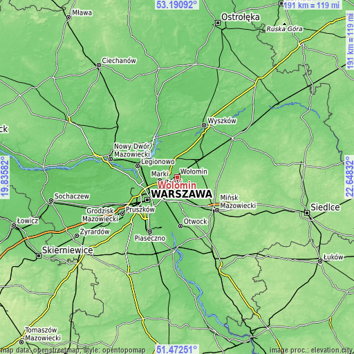 Topographic map of Wołomin