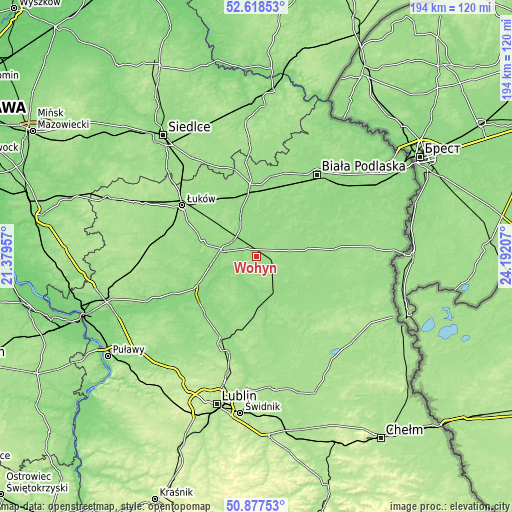 Topographic map of Wohyń